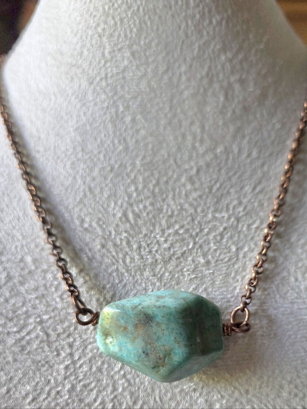 Artisan Made Blue Green Amazonite Stone On Rustic Copper Necklace